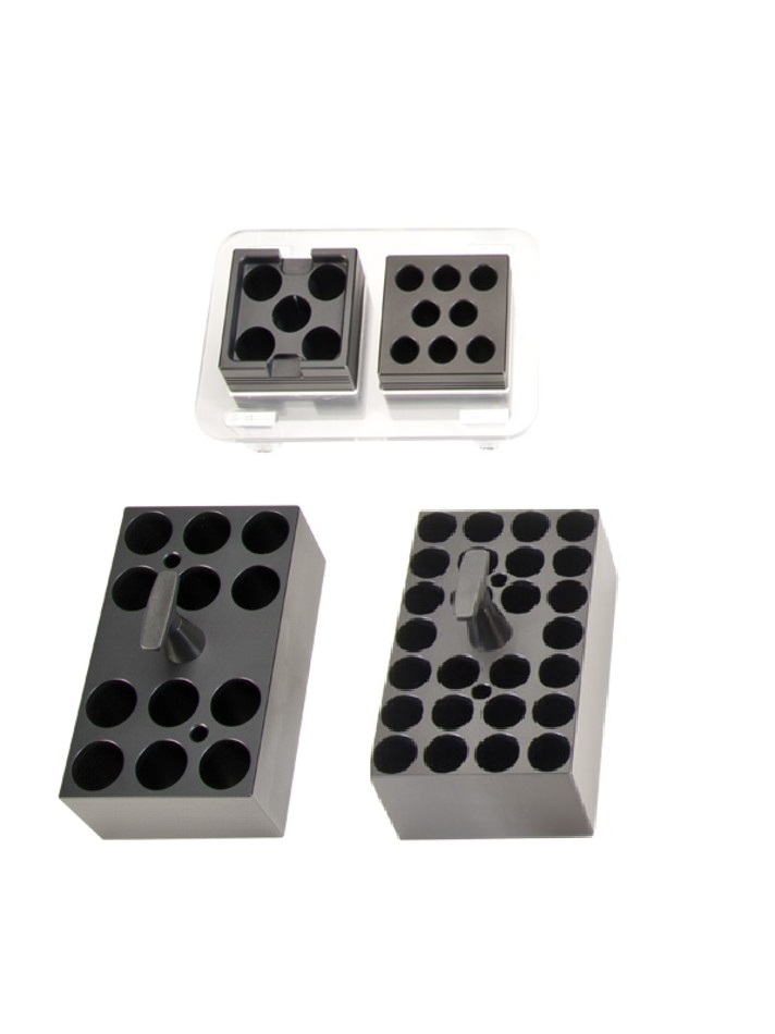 The different sized heating blocks are available from small ones with room for 5 tubes up to big ones with room for 26 tubes
